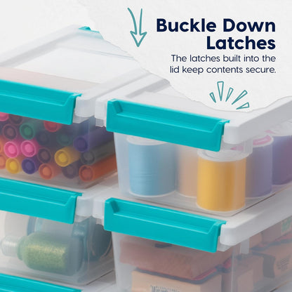 IRIS USA 12 Qt. Craft Storage Bins with Lids, 4-Pack, |Made in USA|, Clip Box, Medium Plastic Sensory Bin Tote Organizer Containers for Art Supplies, Paper, & Office, Stackable - Clear/Seafoam Blue