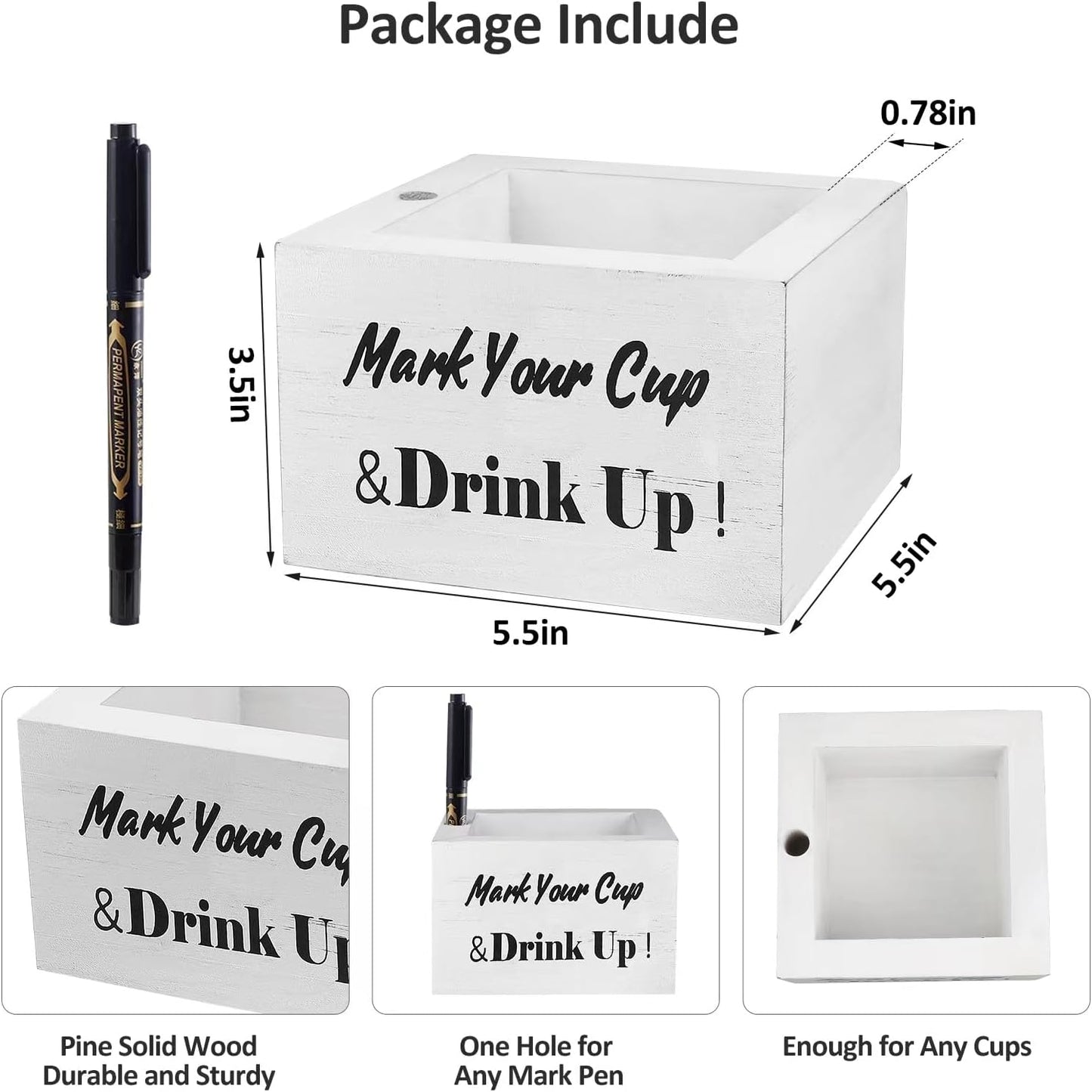 Wooden Cup Holder - Party Cup Holder with Marker Slot, Cup Holder for Party and Wedding, Rustic Disposable for Bar, Kitchen, Countertop, Home & Office, White