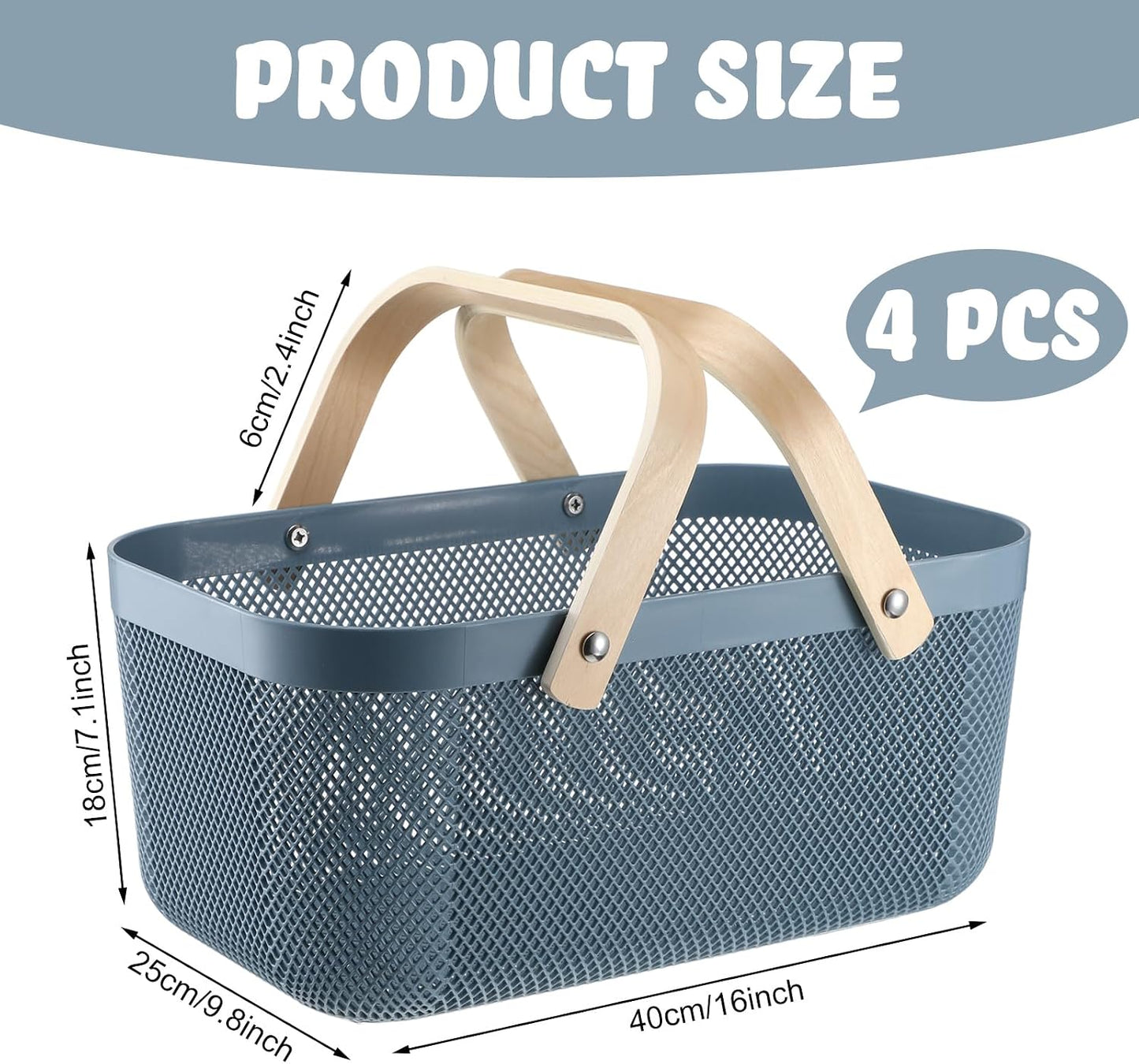 Sadnyy 4 Pcs Plastic Mesh Garden Harvest Basket Storage Basket with Wooden Handle Multi Functional Mesh Bin for Kitchen Cabinet Picnic Fruit Vegetable Gathering Organizer(Large,White)