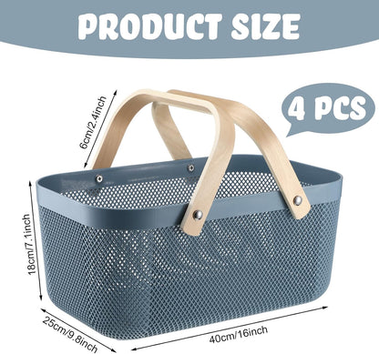 Sadnyy 4 Pcs Plastic Mesh Garden Harvest Basket Storage Basket with Wooden Handle Multi Functional Mesh Bin for Kitchen Cabinet Picnic Fruit Vegetable Gathering Organizer(Large,White)