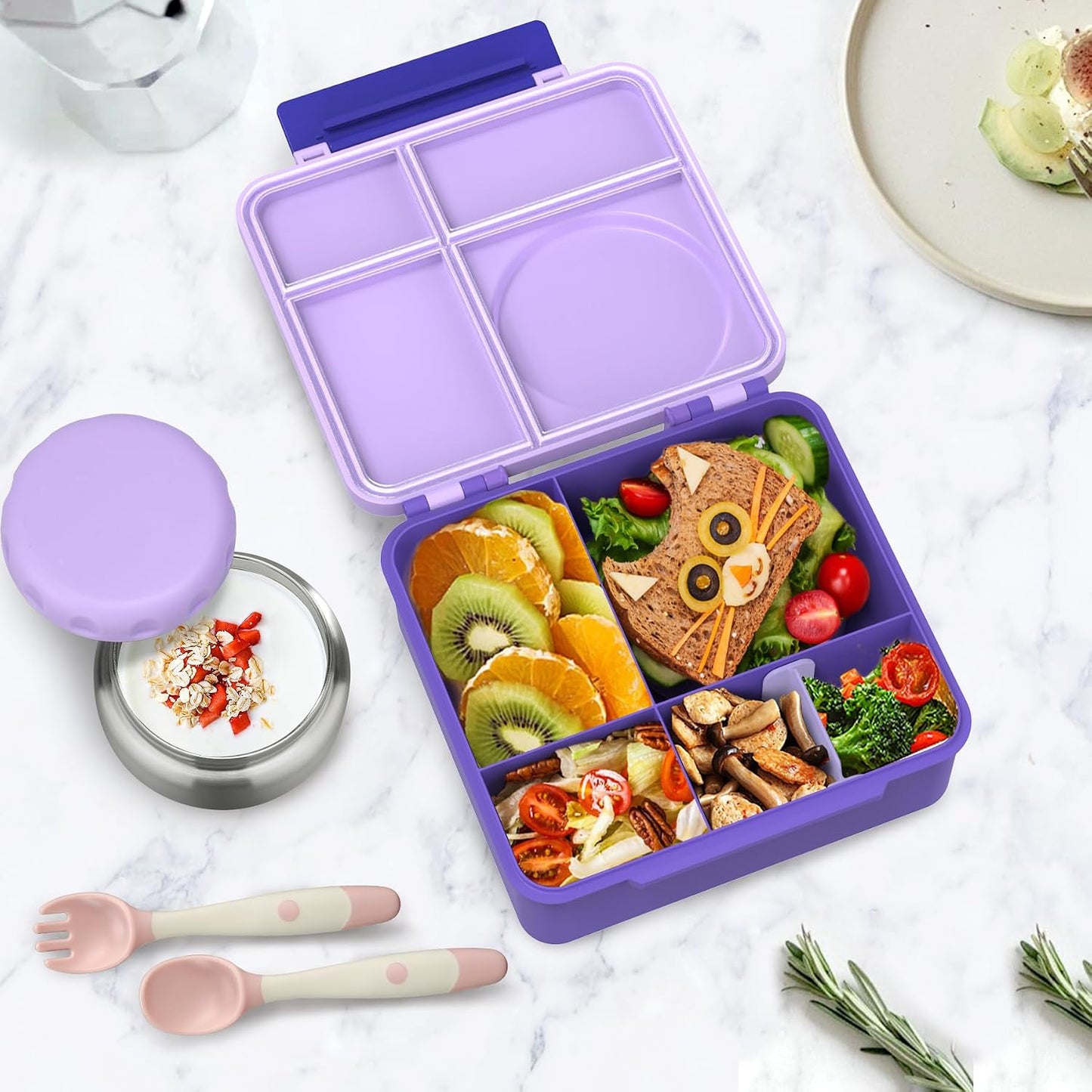 Bento Lunch Box Set for Kids with 8oz Soup Thermo, Leak-Proof Lunch Containers with 4 Compartment, Thermo Hot Insulated Food Jar and Foldable Fork Spoon, for Kids to School (pale pink)