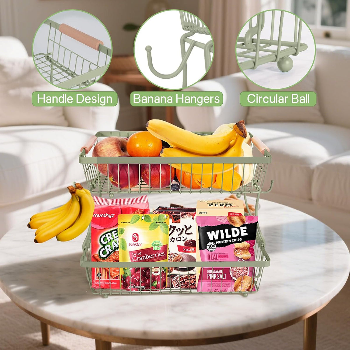 Fruit Basket Bowl 2 Tier Detachable with 2 Banana Hangers, Fruit Stand Holder for Kitchen Countertop, Metal Wire Vegetable Storage Organizer, for Bread Snack Veggies Produce, Black