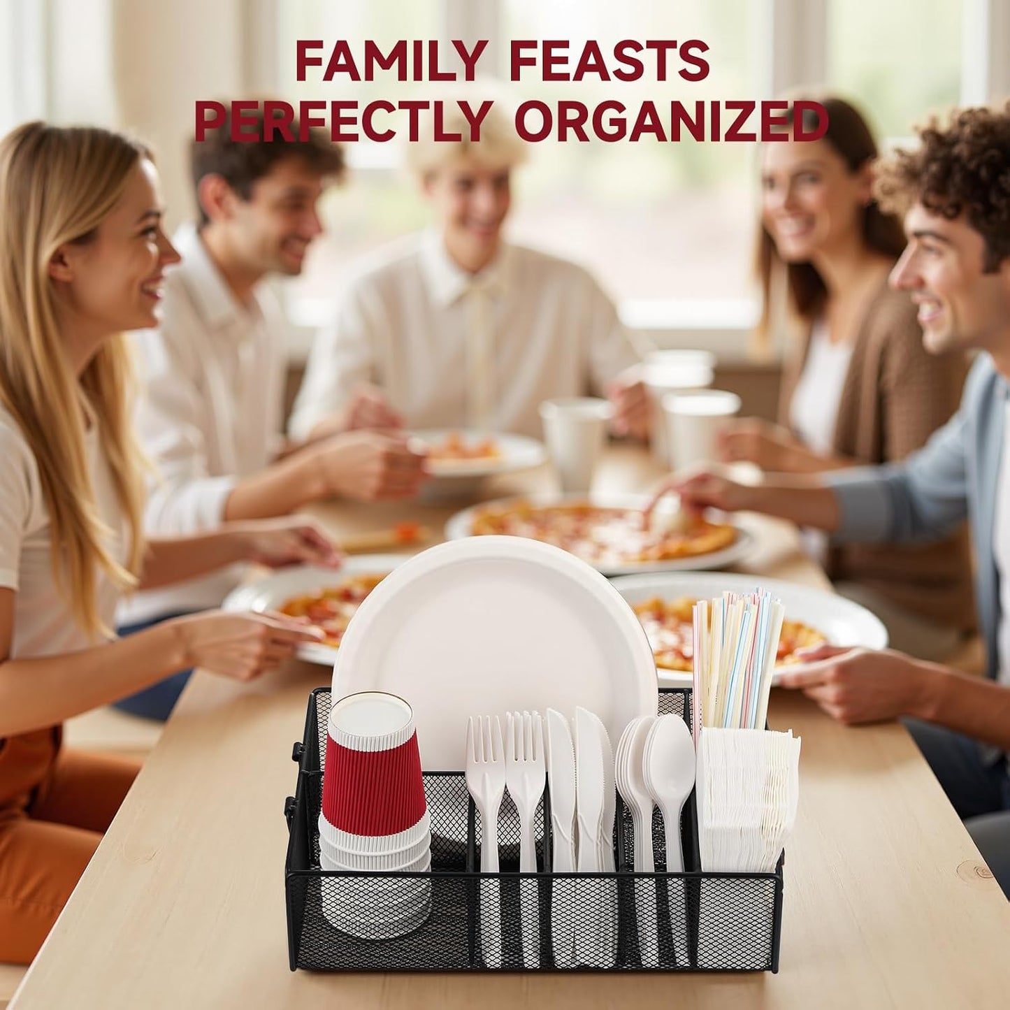 Utensil Caddy for Party - Paper Plate Holder ,Silverware Caddy Utensil Holder Paper plate Organizer with 6 Compartments for Party, Camping, Picnic