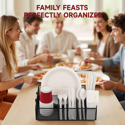 Utensil Caddy for Party - Paper Plate Holder ,Silverware Caddy Utensil Holder Paper plate Organizer with 6 Compartments for Party, Camping, Picnic