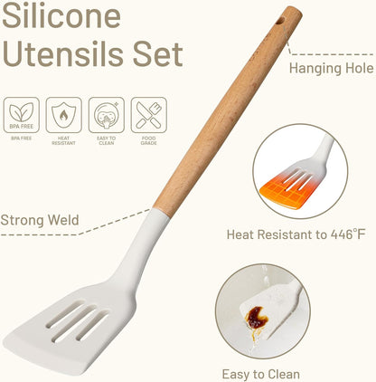 CAROTE Silicone Cooking Utensils Set, Kitchen Utensils Set 10 Pcs for cooking, BPA Free Spatula Set with Heat Resistant Wood Handles for Nonstick Cookware (Cream White)