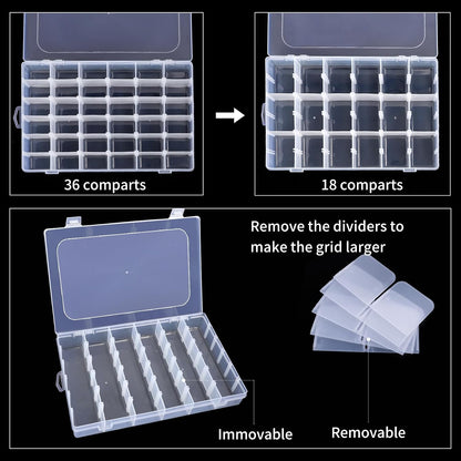 2 Pack Clear Bead Organizer Tackle Box with Adjustable Dividers for Jewelry Art Craft Containers 36 Grids Compartment with 5 Sheets Label Stickers