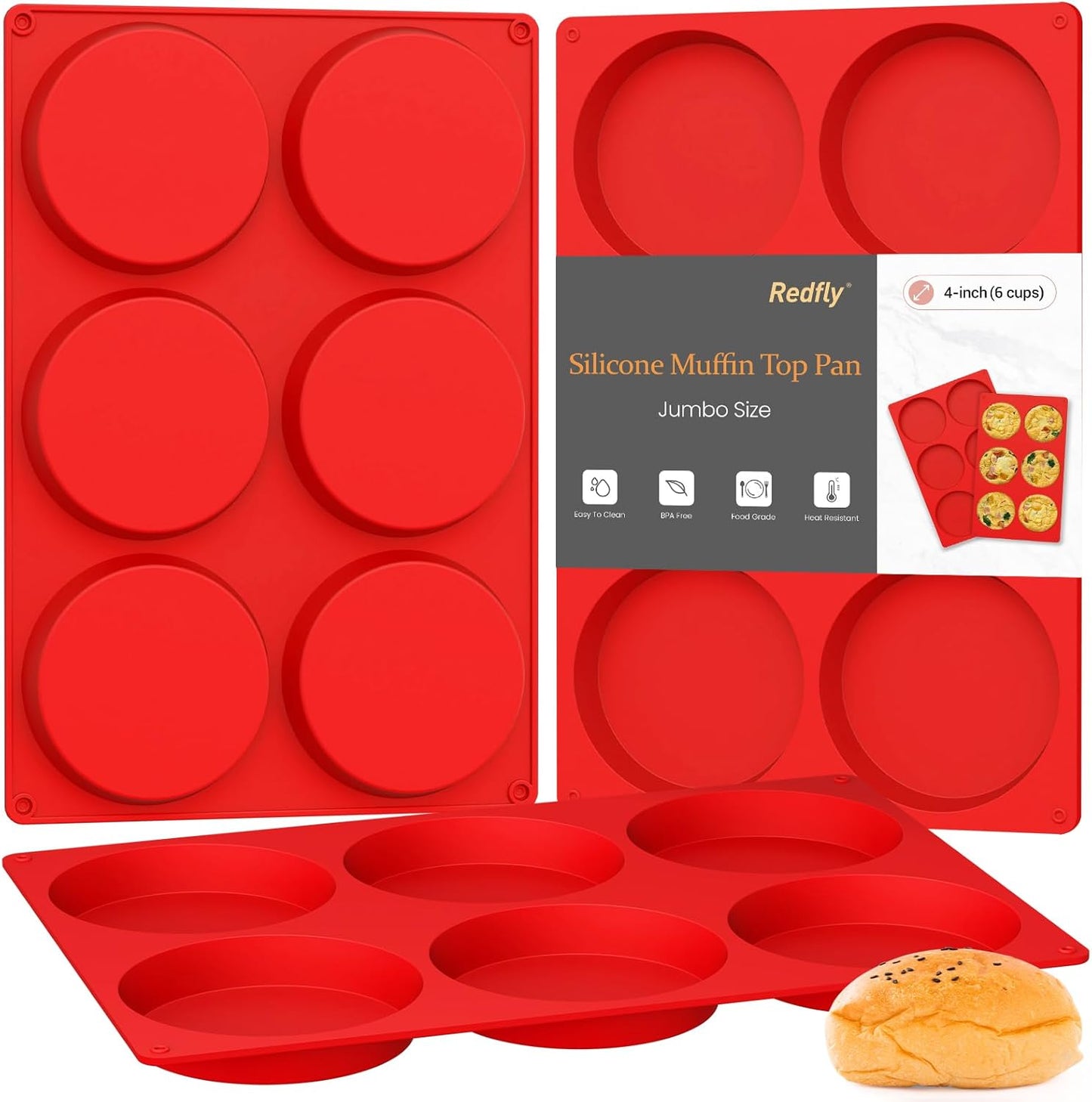 Redfly Silicone Egg Molds for Breakfast Sandwiches 2 Pcs, Non Stick 3 Inch Egg Bites Baking Pans, Silicone Muffin Pans for Baking, Round Muffin Top Pan for Whoopie Pie Pan, Tarts, Quiche