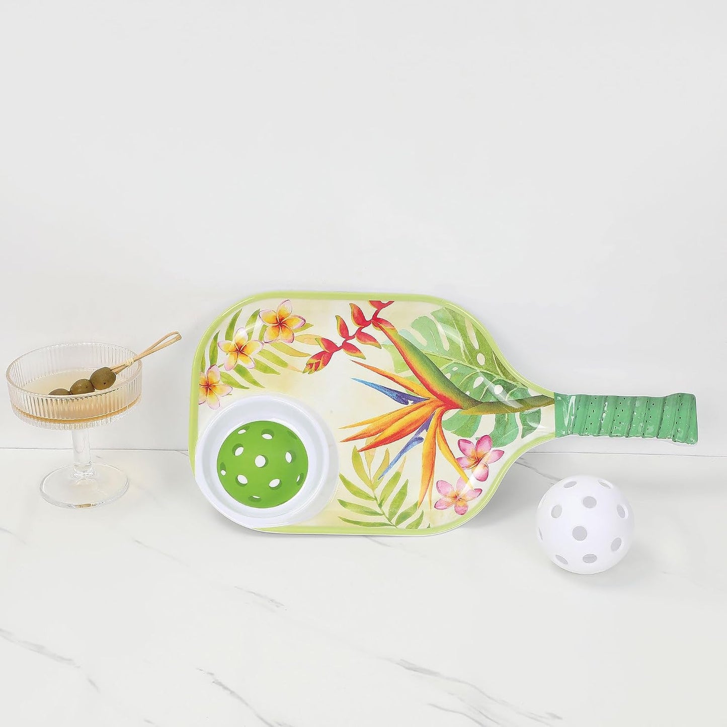 UPware Flamingo Melamine Chip and Dip Snack Tray, Tropical Floral Pickleball Paddle Shape Platter for Chips, Salsa, Fruits, and Appetizers, 15.75 x 8 Inch