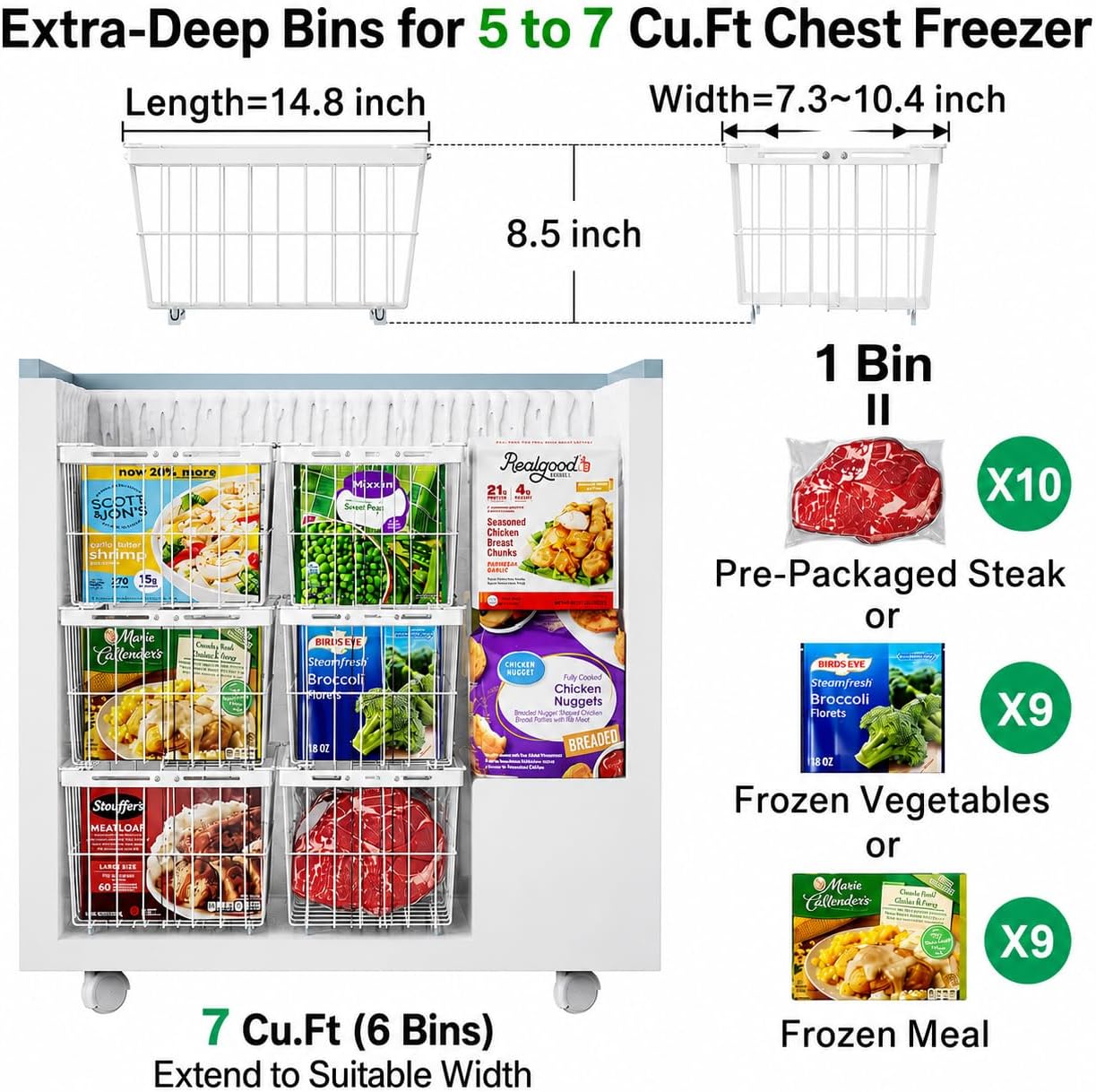 iSPECLE Chest Freezer Organizer - Adjustable Width & Extra Depth, 3 Pack | For 5-7 Cu Ft Chest Freezers, Stackable Large Freezer Organizer Bins, Easy Food Access & Organization, No Wasted Space, White