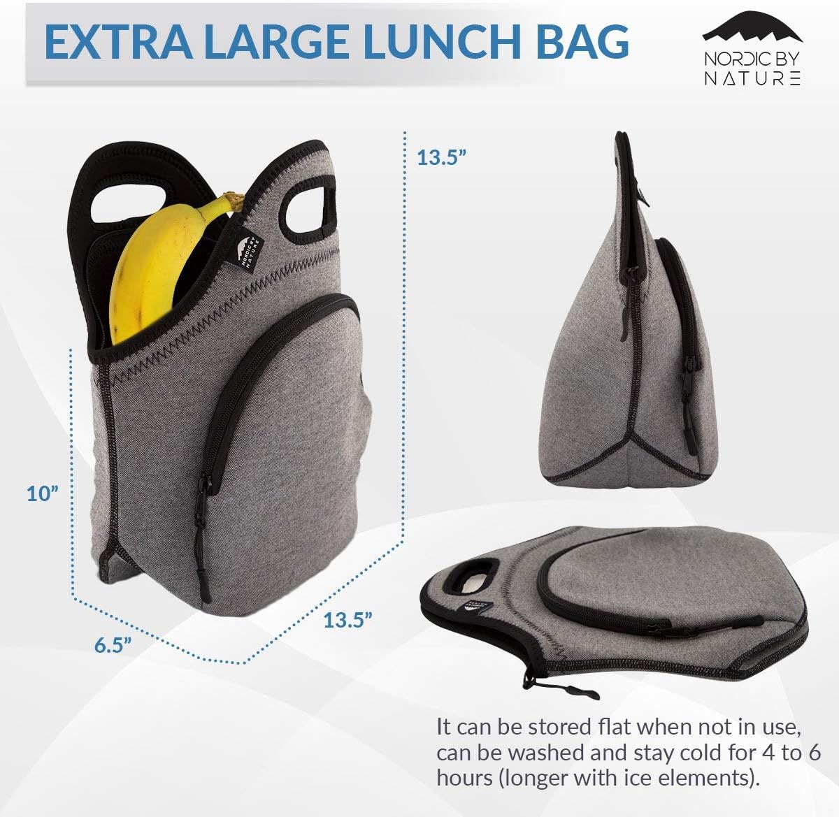 Nordic By Nature Large Neoprene Lunch Bag for Women & Lunch tote for Kids Insulated Lunch bag Reusable Washable Extra Thick Neoprene & Soft Cotton Feel, Premium Stitching, Outside Pocket, (L) Black