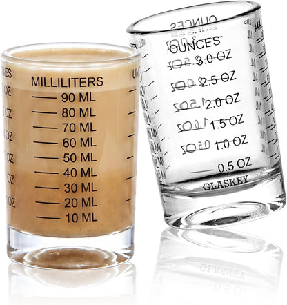 GLASKEY Shot Glasses Measuring Cup Set - 2 Pack Espresso Shot Glasses with Precise Measurement Marks,Heavy Duty Glass,Dishwasher Safe,Perfect for Coffee,Cocktails and Kitchen Use (Black & Red)