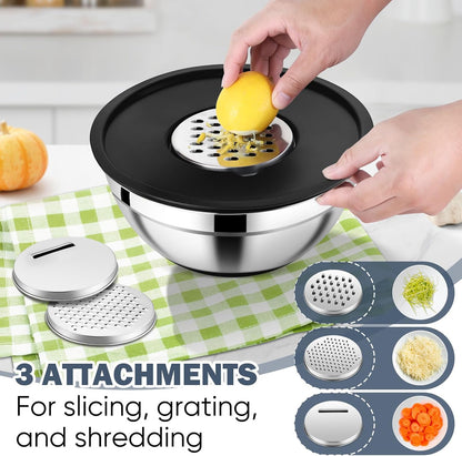 E-far 25PCS Mixing Bowls with Lid Set, Stainless Steel Nesting Prep Bowls with Grater Attachments Non-Slip Bottoms for Cooking, Serving, Food Storage, 4.6/2.6/2/1.5/1/0.7QT - Khaki
