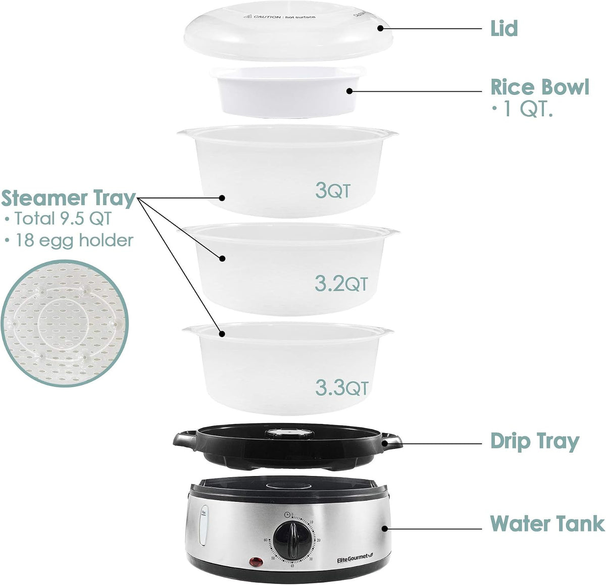 Elite Gourmet Electric Food Steamer, 3-Tier BPA-Free, 9 Qt, Stainless Steel