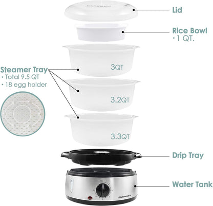 Elite Gourmet Electric Food Steamer, 3-Tier BPA-Free, 9 Qt, Stainless Steel