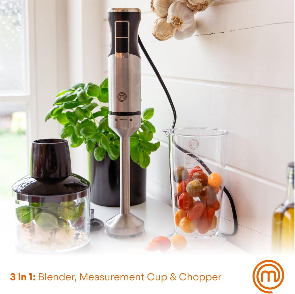MasterChef Immersion Blender Handheld with Electric Whisk & Milk Frother Attachments, Hand Held Stainless Steel Stick Emulsifier for Making Baby Food, Soup, Puree, Cake, Cappuccino, Latte etc, 400W