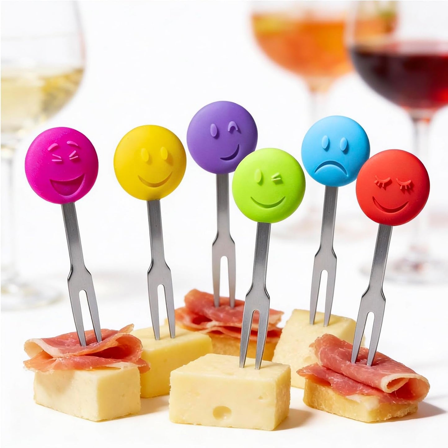 Cocktail Forks, 6-Piece Appetizer Forks, Cat Shapes, Stainless Steel and Silicone Small Forks for Fruits, Cheese, Appetizers