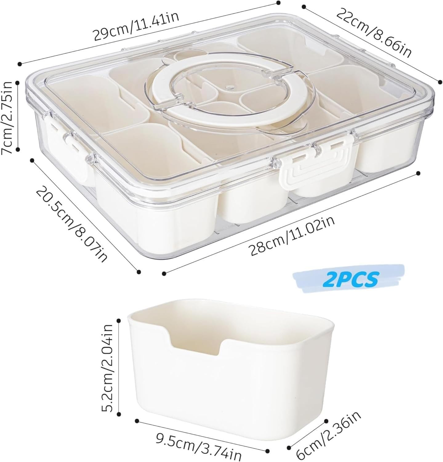 WACOI Divided Snack Serving Tray with Lid and Handle travel Snackle Box Charcuterie Container Portable Storage Organizer for Candy, Fruits, Nuts, Snacks 1Pack White