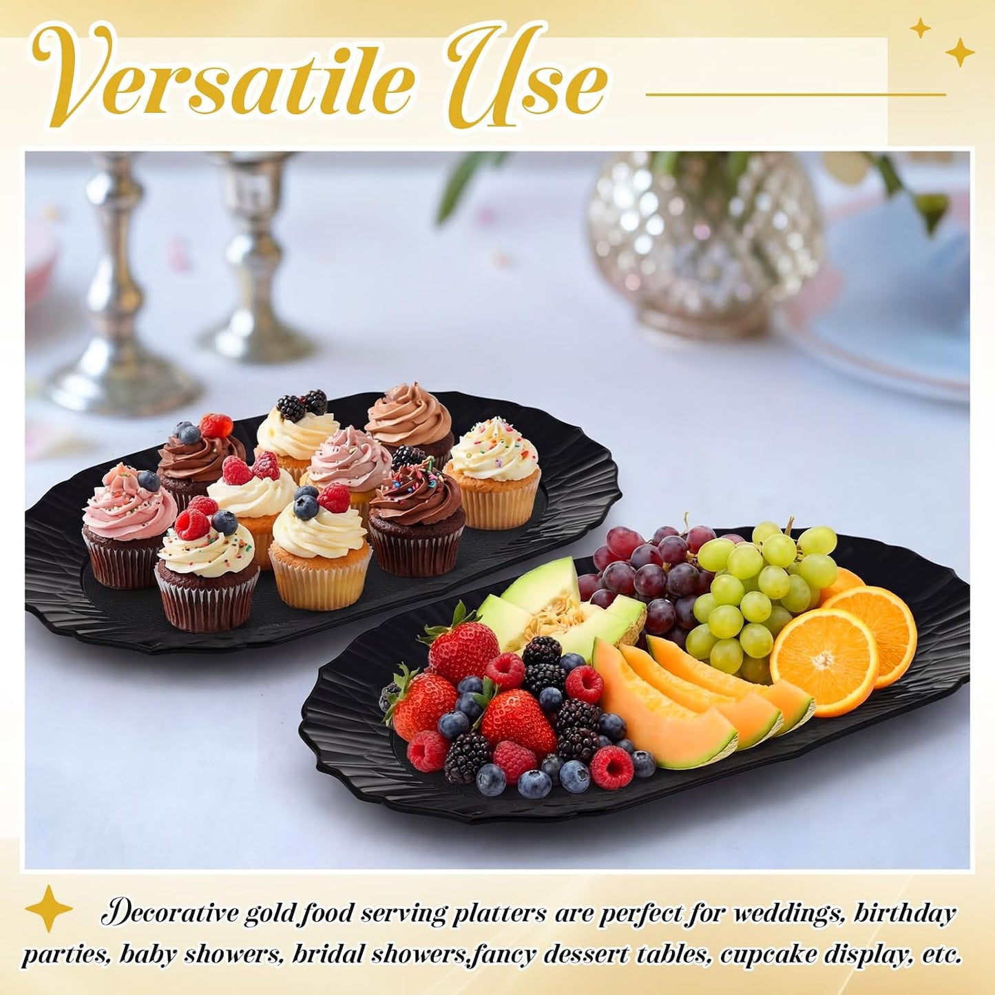 12 Pcs Gold Plastic Serving Tray Bulk, 14.5" x 8.6" Rectangle Gold Party Platters Reusable Decorative Dessert Table Serving Tray for Graduation Wedding Birthday Party Cupcake Decoration