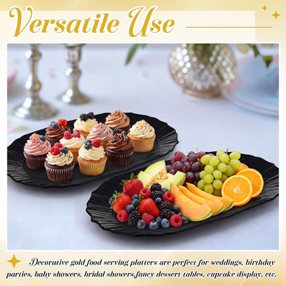 12 Pcs Gold Plastic Serving Tray Bulk, 14.5" x 8.6" Rectangle Gold Party Platters Reusable Decorative Dessert Table Serving Tray for Graduation Wedding Birthday Party Cupcake Decoration