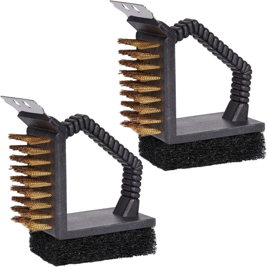 2 Pack Grill Brush and Scraper with Wire Bristles and Bristle-Free Scour 2 Side Brushes Handheld Short Handle Scrubber for Grill Grate Cleaner Cast Iron Charcoal Racks Grid BBQ Cooking Grates