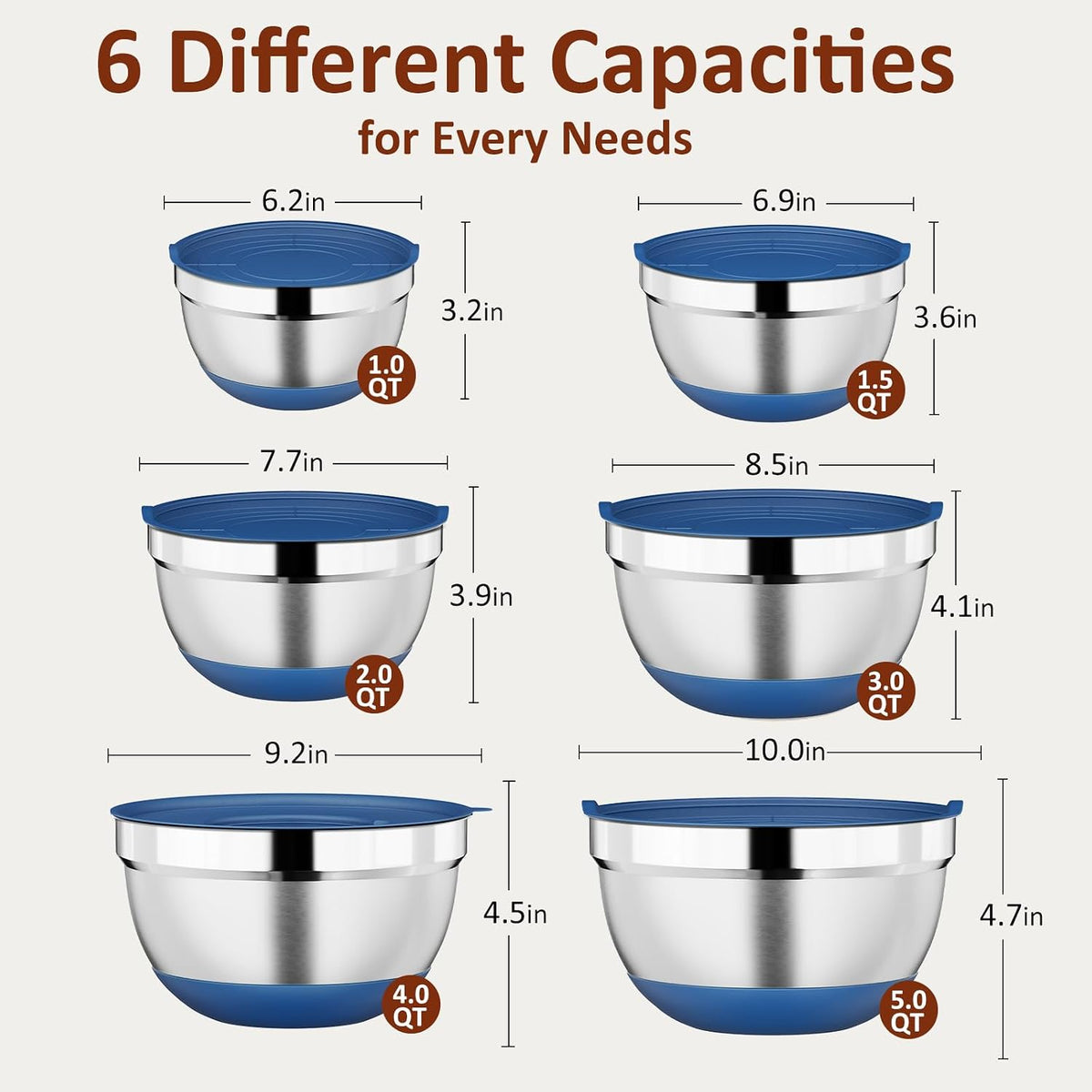 9 Pack Mixing Bowls with Airtight Lids & Grater Attachments, Khaki