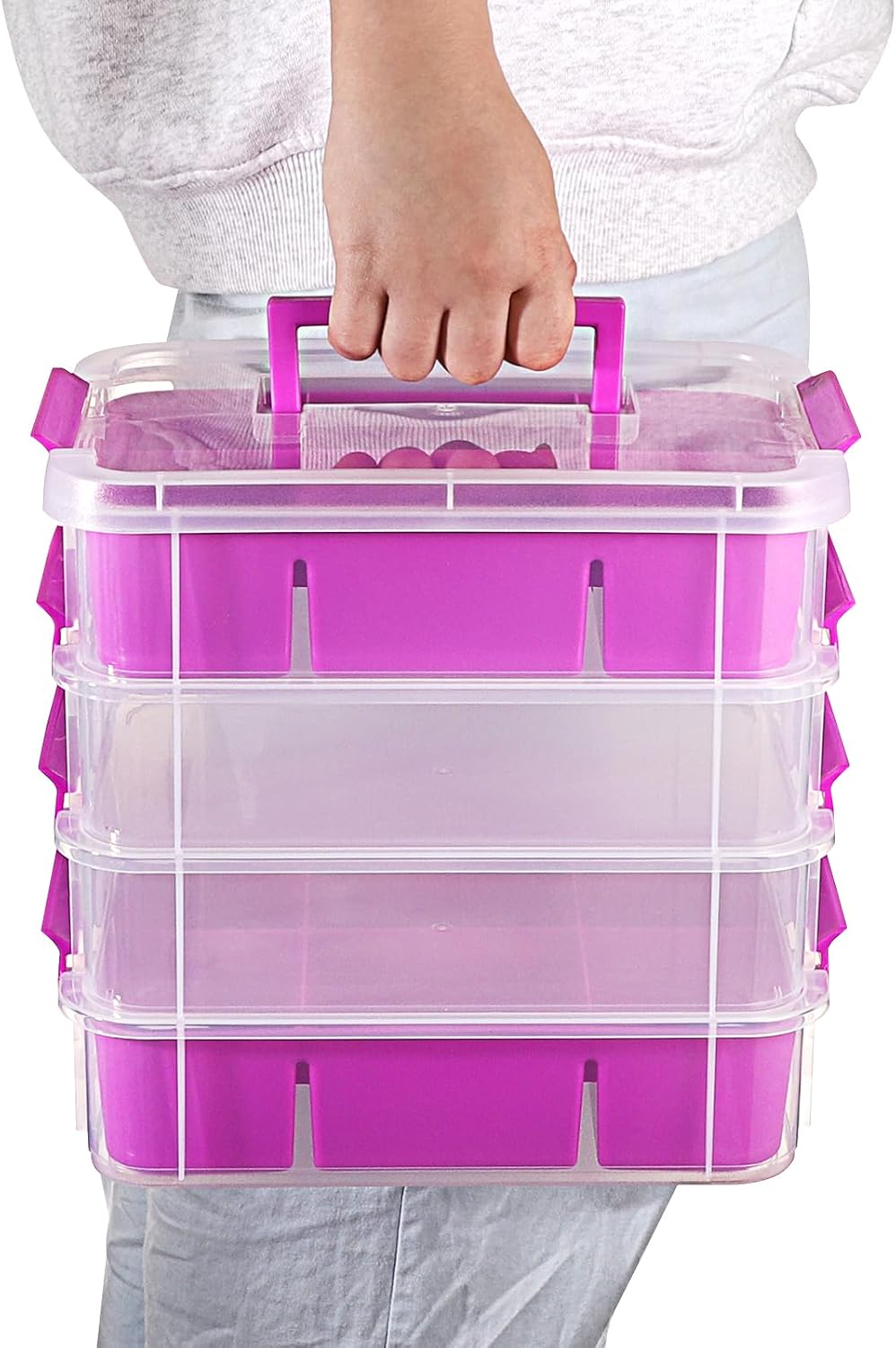 JUXYES 4-Tiers Plastic Stack Carry Storage Containers Box wih Handle Lids | Clear Stackable Latching Storage Bin With 2 Tray for School Office, Organizing Sewing, Art Craft, DIY Supplies, Blue