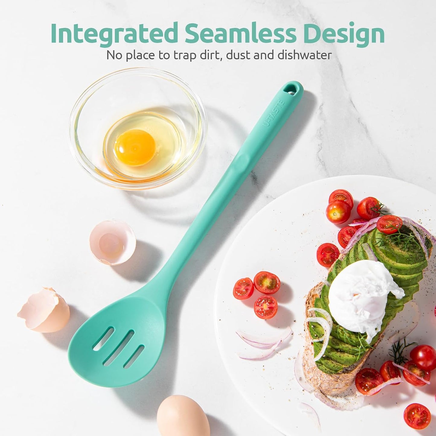 600ºF Heat Resistant Silicone Spoons: U-Taste 13.3in Solid & Slotted Kitchen Cooking Tool, Nonstick Long Rubber Utensil, Sturdy for Mixing, Serving, Stirring, Frying, Basting (Aqua Sky, 2PCS)