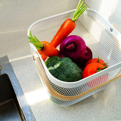 Metal Mesh Steel Harvest Basket, Rectangle Wire Garden Basket with Handle – Multi-functional Storage Organizer for Gathering Vegetables, Fruits, Kitchen, Garden, Picnic & Cabinet (Ivory)