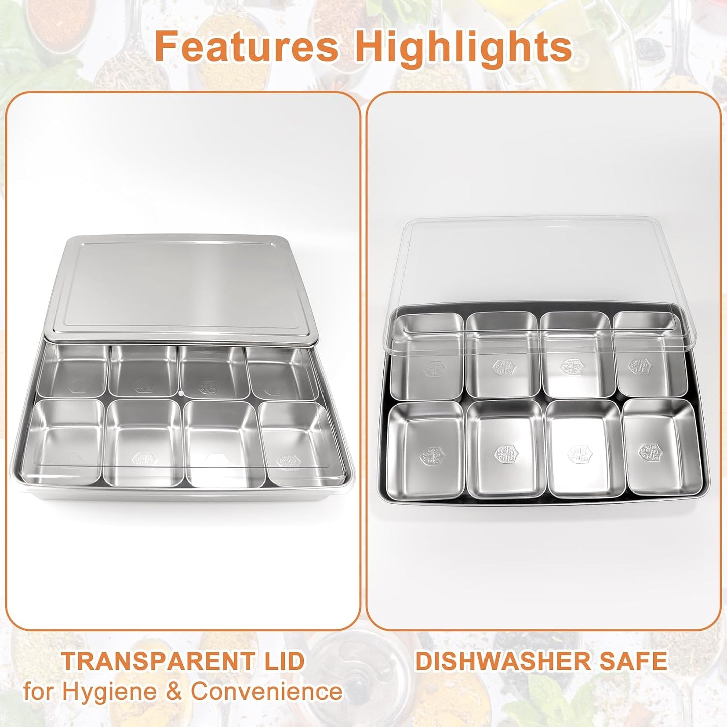 Yakumi Pans, Stainless Steel Yakumi Pan, Yakumi Mise En Place, Mise En Place Containers, 8 Compartment Stainless Steel Condiment Containers with Lids Spoons, Spice Box Indian Masala Dabba