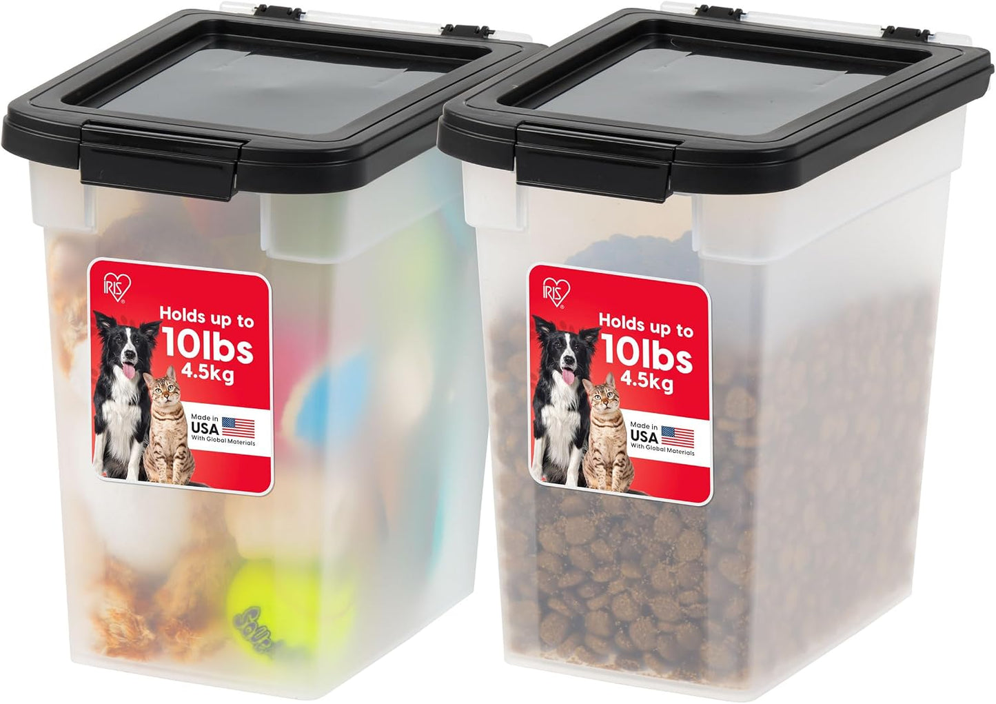 IRIS USA Dog Food Storage Container, 2 Pack, Up to 30 lbs Each, Airtight Seal for Freshness, Wheels for Rolling, Easy One Hand Opening, Made in USA, BPA Free, Clear/Black