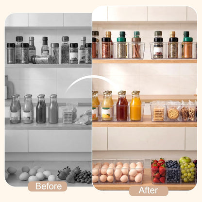 8 Pcs Pantry Organizers Bins, Clear Plastic Stackable Snack Storage Containers with 3 Dividers for Kitchen Cabinet Fridge Shelf Organization, 4 Compartment Holder