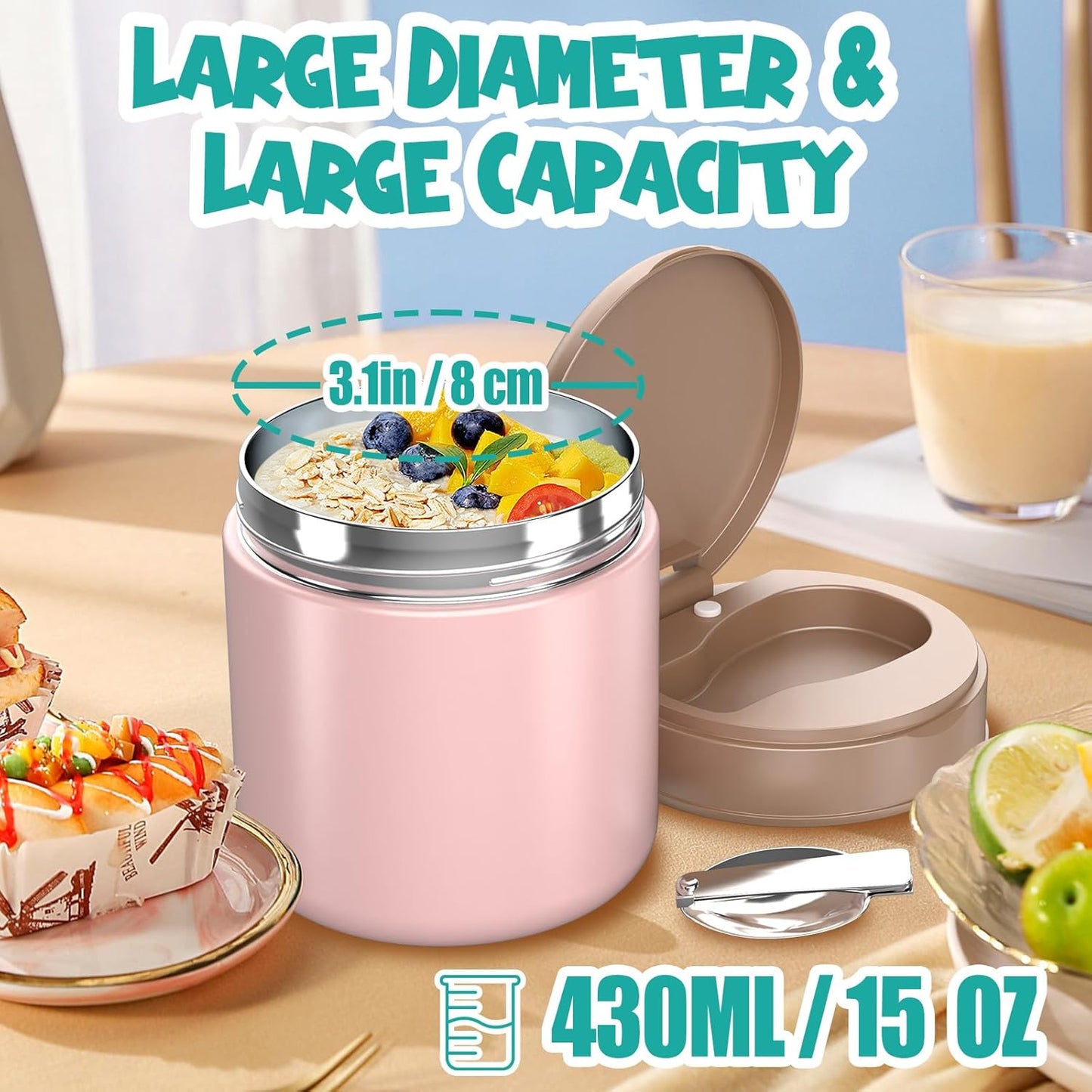 Thermo for Hot Food Kids - 15.2oz, Leak Proof Insulated Food Jar, Soup Thermo, Insulated Lunch Containers, Termos Para Comida Caliente, Wide Mouth Lunch Box with Folding Spoon and Handle