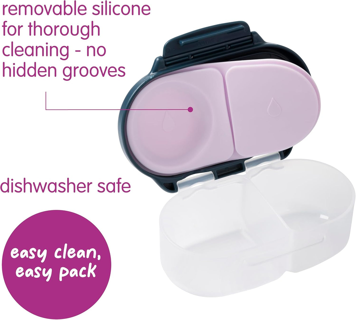 b.box Snack Box 2-Pack - Leak Proof Mini Bento Box for Kids & Toddlers, 2 Compartment Snack Containers for Kids, Dishwasher Safe, BPA-Free, PFAS-Free, Ages 4mo+, 1 3/4 Cup Each (Strawberry + Lilac)
