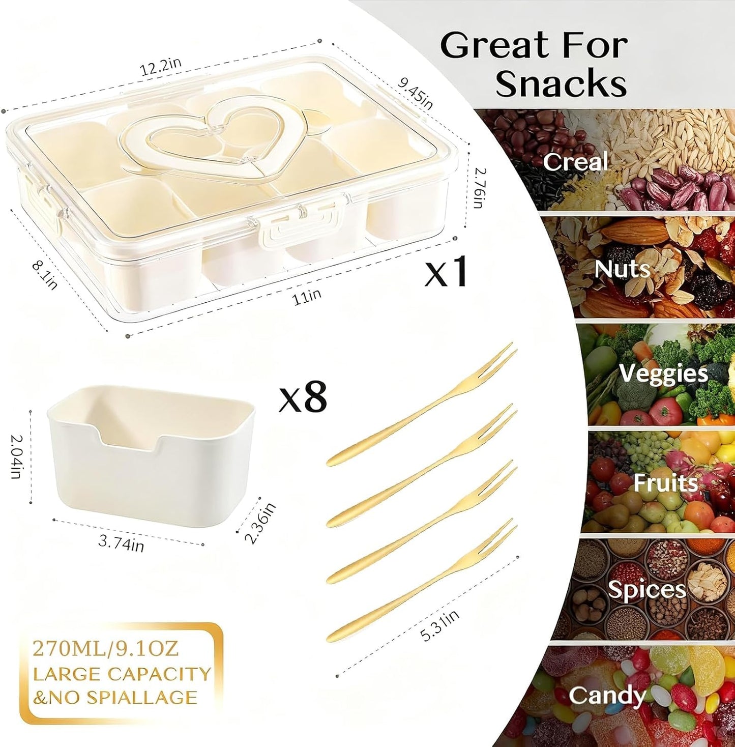 Snackle Box Container, Portable Snack Containers with Lids for Candy, Fruits, Nuts, Veggies, Snacks (White(2 Pack-4 Compartments))