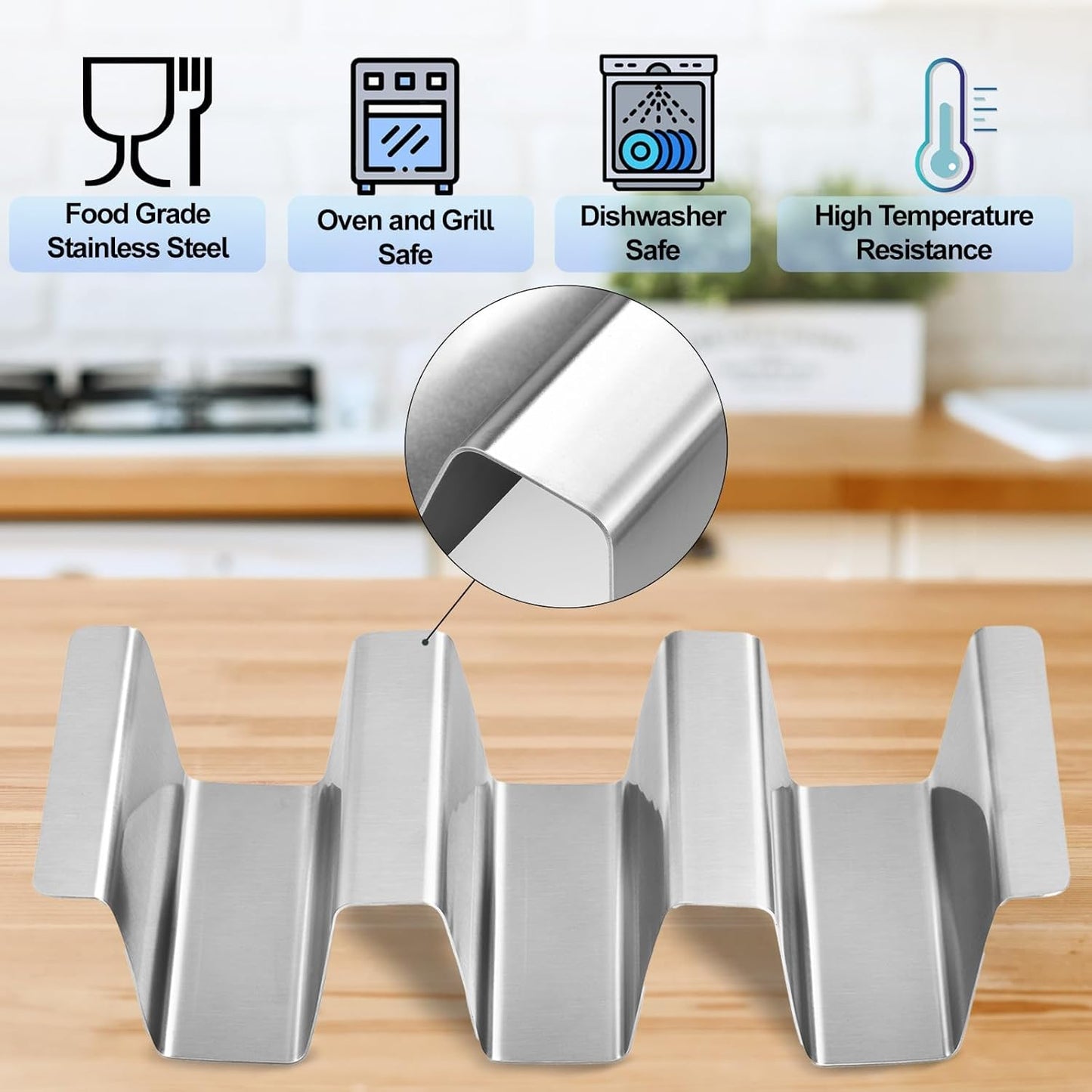 Stainless Taco Holders Set of 4 Stand Holders for 3 Tacos, Easy to Clean, Dishwasher Safe, Street Taco Ready