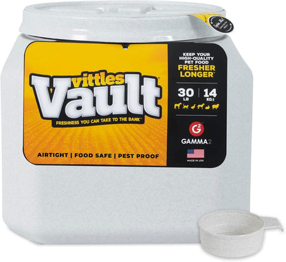 Vittles Vault Traditional Pet Food Storage Container For Dog Kibbles/Bird Seed/Oatmeal/Rice/Flour/Cereal, BPA Free Plastic, Sealed Airtight For Cat Food, Up To 30 lb, Made in USA, With Scoop, Gray