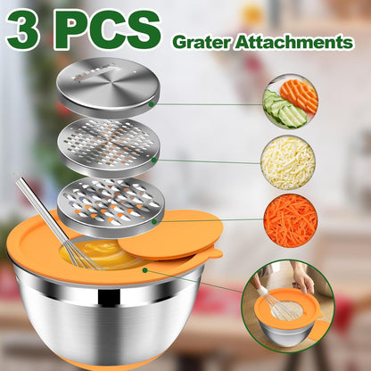 DUTZUN Mixing Bowls with Lids Set - 16pcs Stainless Steel Mixing Bowl Set with Colander, 3 Grater Attachments, Non-Slip Bottom, Metal Nesting Bowls with Strainer for Mixing & Serving - Black