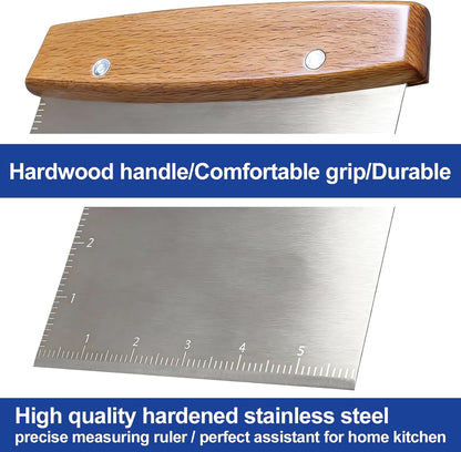 Professional Dough Cutter & Bench Scraper - Ultimate Dough Scraper Tool with Stainless Steel Blade & Wood Handle
