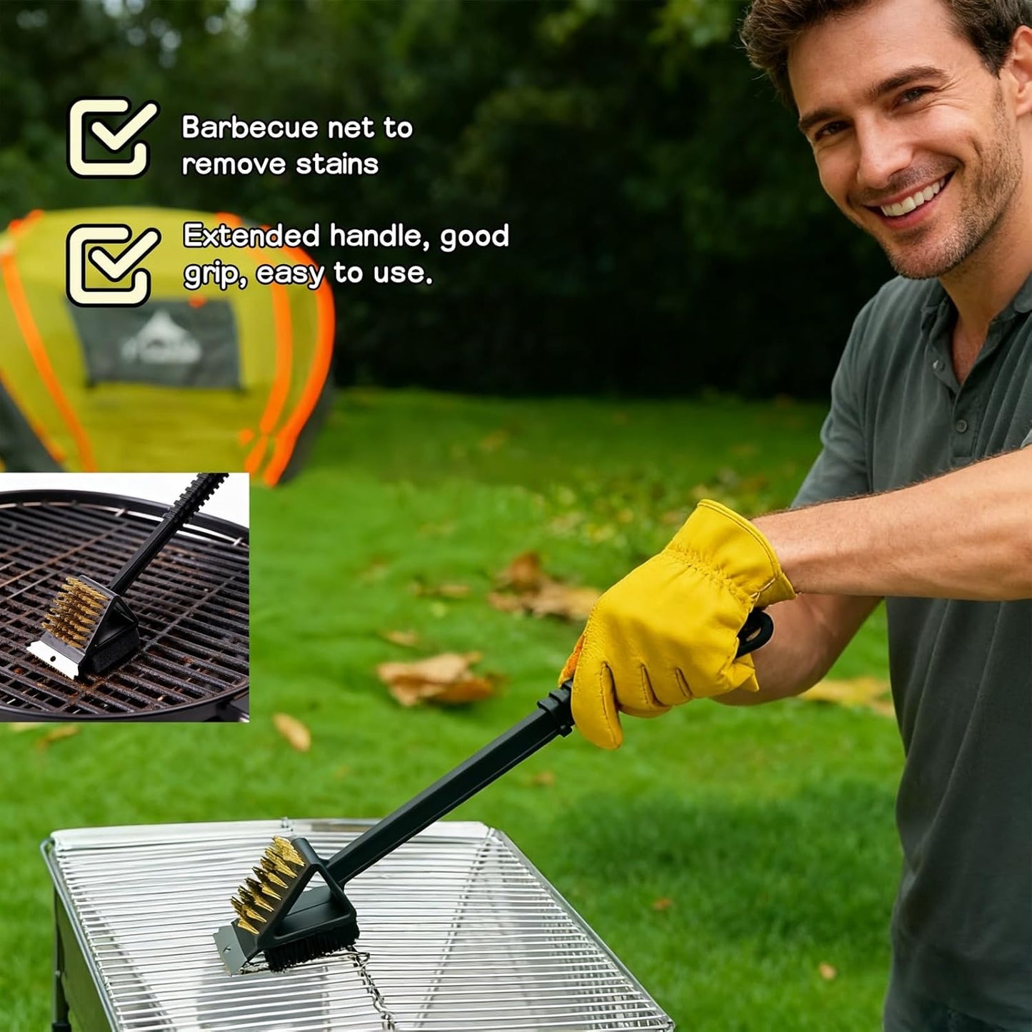 3-in-1 Grill Brush with Scraper & Scrub Pad, 14.5" Long Handle Brass Brush for BBQ Grill Cleaning, Heavy Duty Copper Bristles, Rust-Proof, Hanging Hook, Safe for Gas/Charcoal Grills