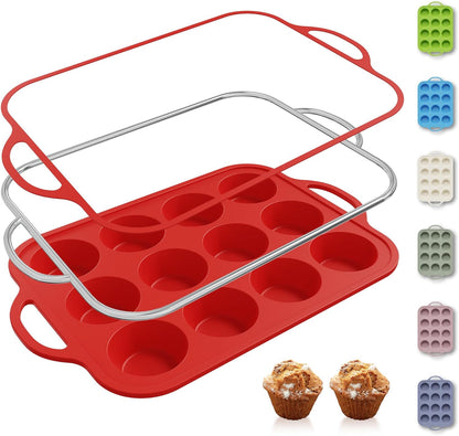 2 Packs 12 Cups Silicone Muffin Pan for Baking with Metal Reinforced Frame Regular Size Cupcake Pan Tray Egg Bites Silicone Cookie Molds Muffin Tin Tart Pans Sheet Set for Oven Dishwasher Safe