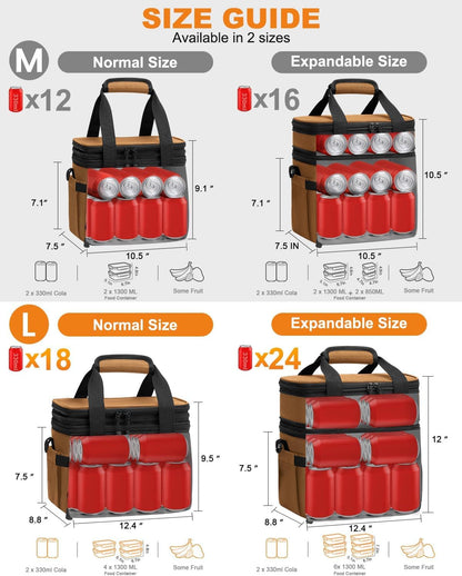 Pritent Lunch Box For Men Women Double Deck Insulated Lunch Bag For Men Woman Leakproof Expandable Cooler Bag with Adjustable Shoulder Strap for Kids Shool Work Picnic Camping(Beige,Large)