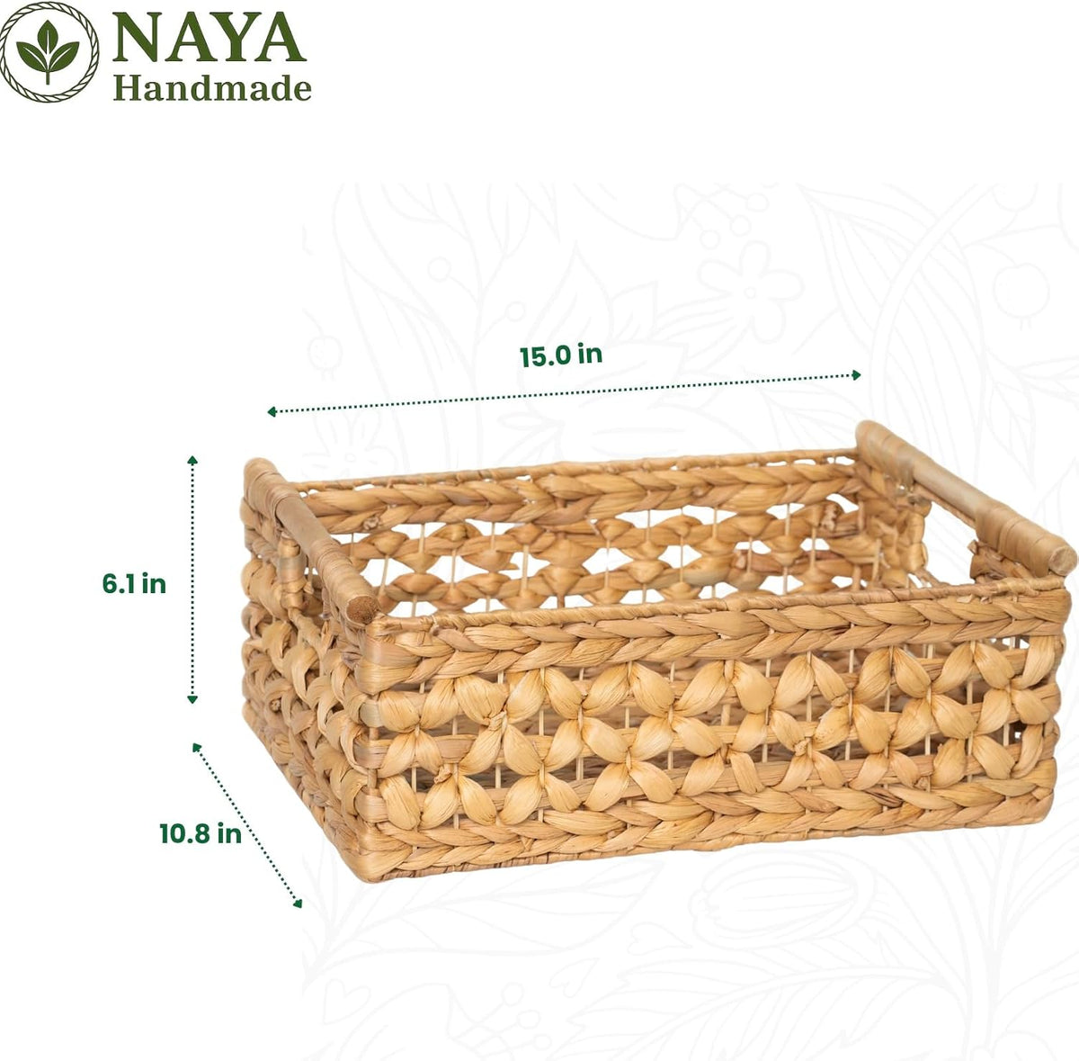 NAYA 11.6" Water Hyacinth Medium Wicker Shelf Basket – Storage Bin | Handwoven water hyacinth shelf basket with sturdy handles for pantry, towels and everyday home organization.