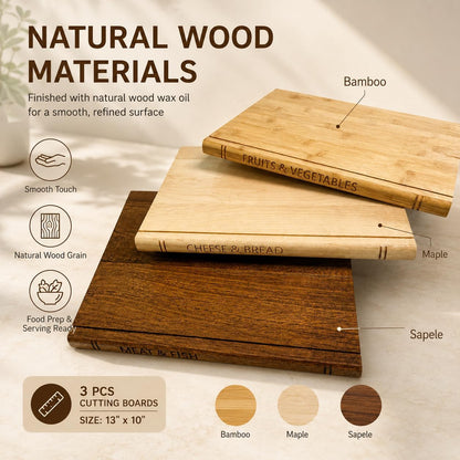 Book Shaped Cutting Board Set, 3 Boards, 13 x 10 x 0.8 Inches, Walnut Stand