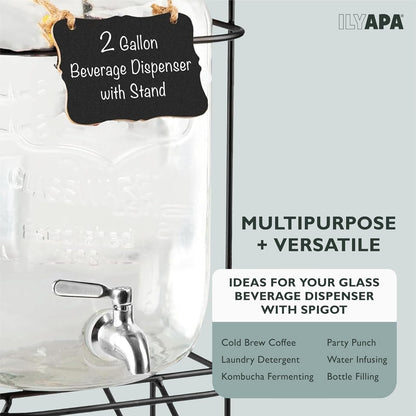 Ilyapa 2 Gallon Glass Beverage Dispenser, Metal Base, Stainless Steel Spigot & Hanging Chalkboard - for Lemonade, Tea, Cold Water & More