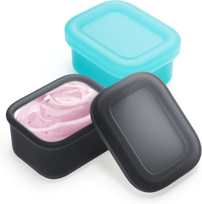 MICEBAY 2-Pack Leak-Proof Salad Dressing Container To Go, Food Grade Silicone Sauce Containers for Bentgo Lunch Box, Reusable Condiment Cups with Lids for Small Snacks - 2.6 oz (Sky Blue & Black)