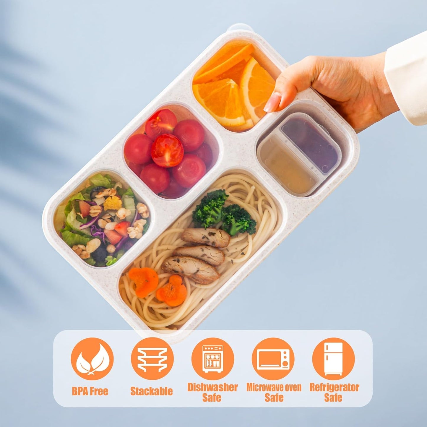 Bento Box Adult, 4 Pack 5 Compartments Meal Prep Container Reusable Food Storage Lunchable Containers with Sauce Containers, Snack Boxes For Adults Bento Box For Kids