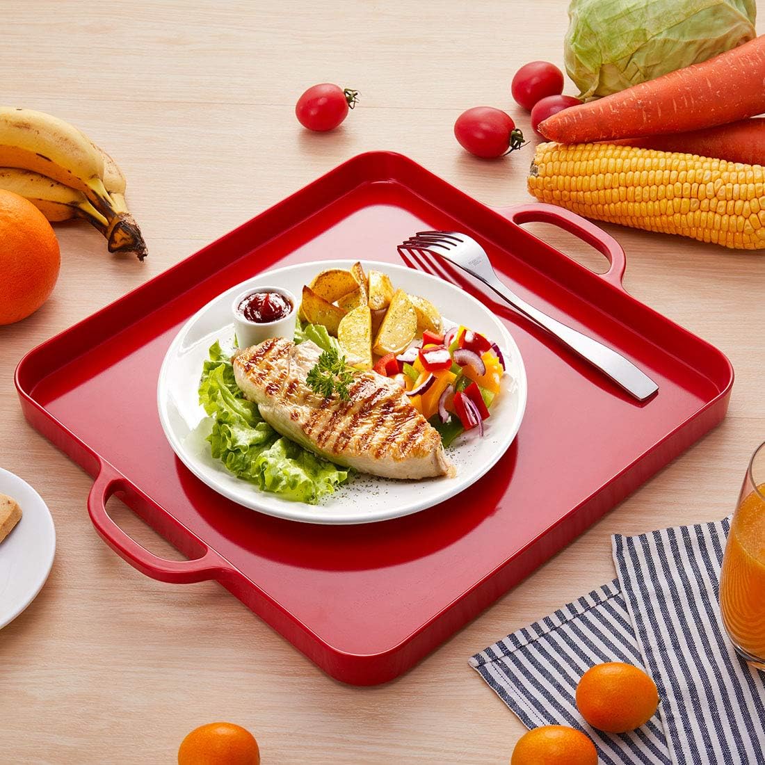 i BKGOO Foodservice Red Plastic Tray with Handle Set of 2 Large Melamine Cube Serving Platters for Parties, Table, Kitchen Size(12.5"x12.5"x1")