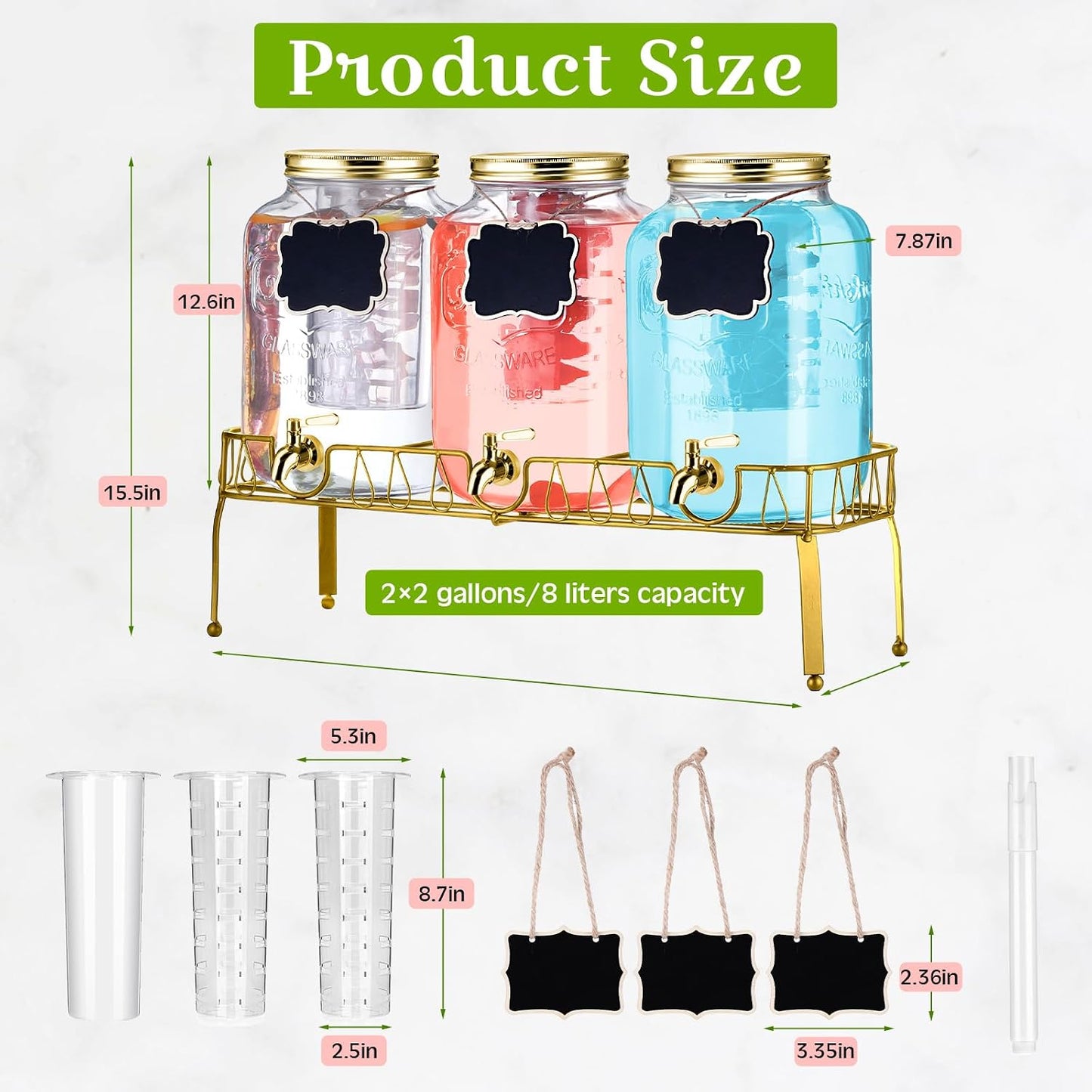 Lallisa 3 Pcs 2 Gallon Glass Drink Dispenser with Stand and Lid Mason Jar Beverage Dispenser with Stainless Steel Spigot, Hanging Chalkboard Signs, Fruit Infuse, Ice Cylinder, Liquid Pen (Black)