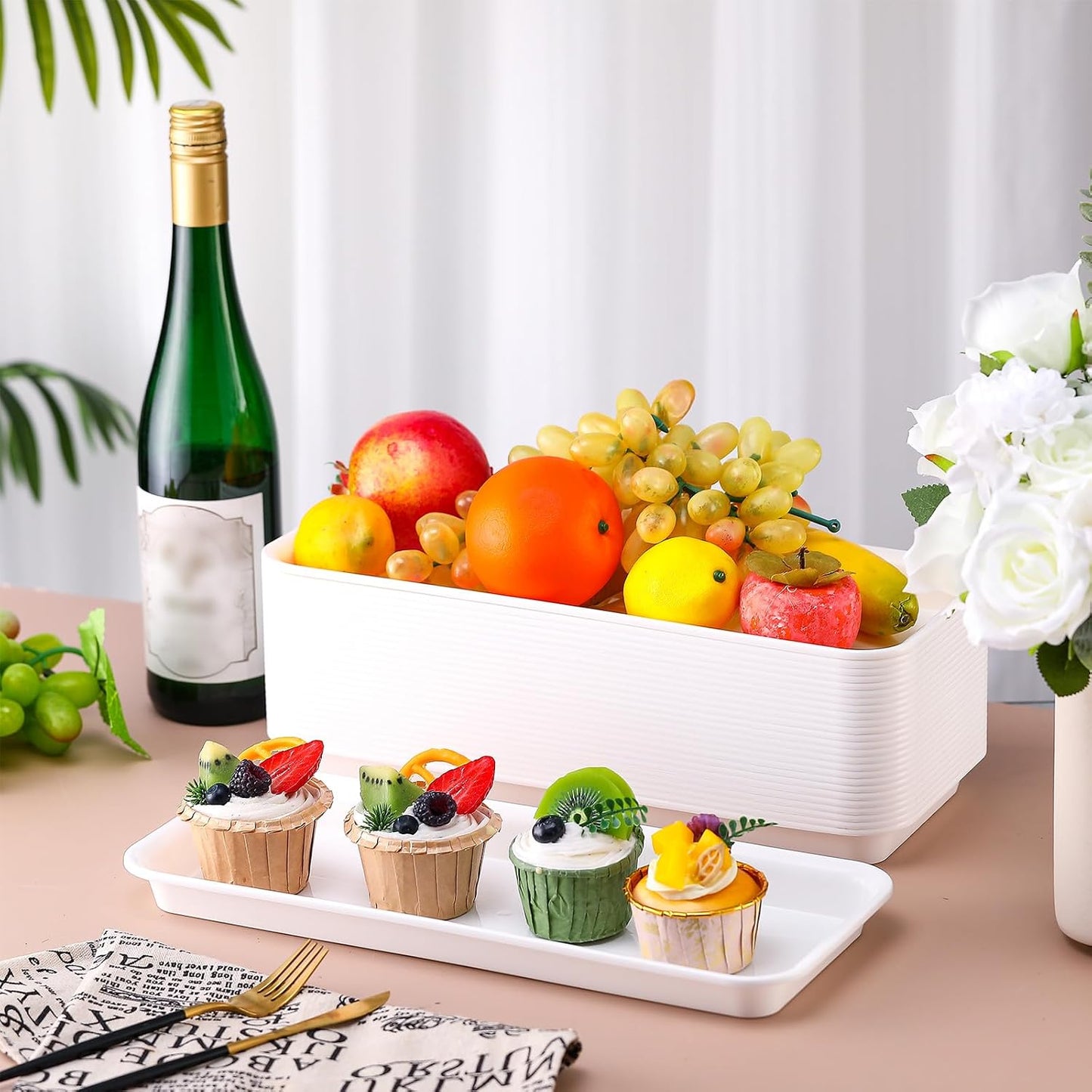 Ziliny 30 Pcs White Serving Platters 14 x 6 Inch Rectangle Serving Trays Reusable Food Tray Dishes Dessert Trays Plastic Plates for Wedding Home Table Thanksgiving Christmas Party