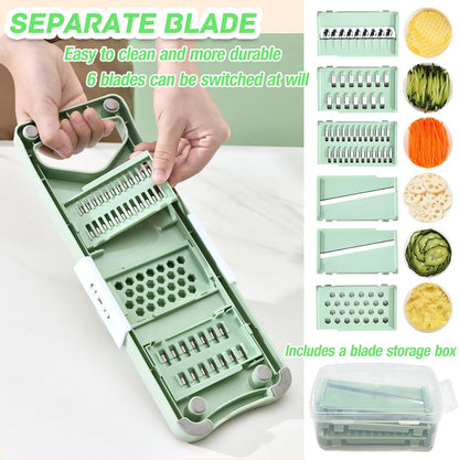 Vegetable Chopper, Mandoline Food Slicer Cutter with Handheld Container, 6 Blades and Blade Box, Cucumber Slicer, Magnetic Kitchen Tools for Veggie Potato Onion Carrot (Green(No magnet), 7 in 1)